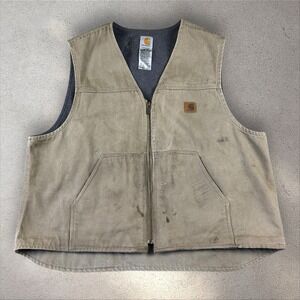 Vtg Carhartt V19 Tan‎ Vest Canvas Sherpa Fleece Lined Workwear Distressed Sz 2XL